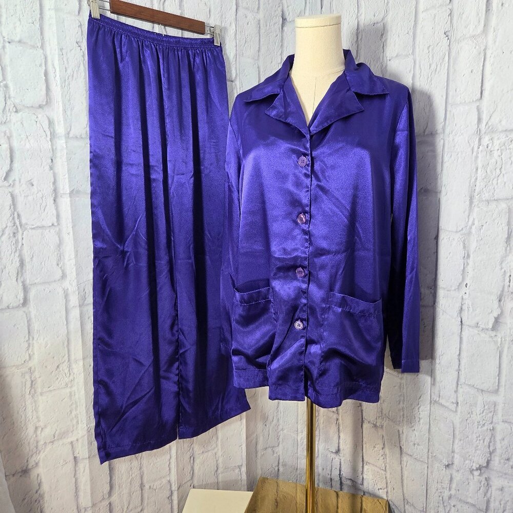 Victoria's Secret Small Vibrant Purple Button Front Satin Longsleeve Pants Set